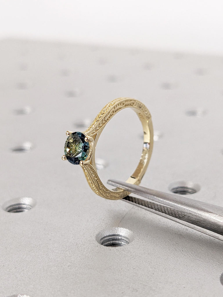 Blue Green Sapphire Ring, Gold Engagement Ring, Solitaire Cathedral Ring, One of a Kind Teal Sapphire Anniversary Ring, Bridal Gift for Wife
