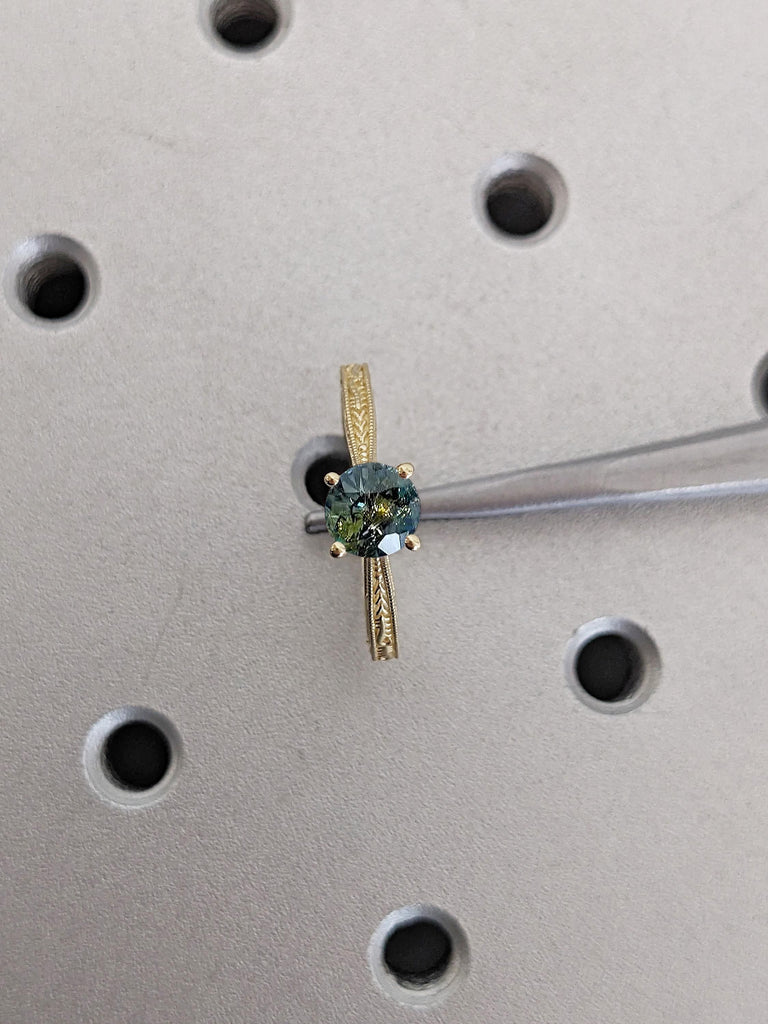 Blue Green Sapphire Ring, Gold Engagement Ring, Solitaire Cathedral Ring, One of a Kind Teal Sapphire Anniversary Ring, Bridal Gift for Wife
