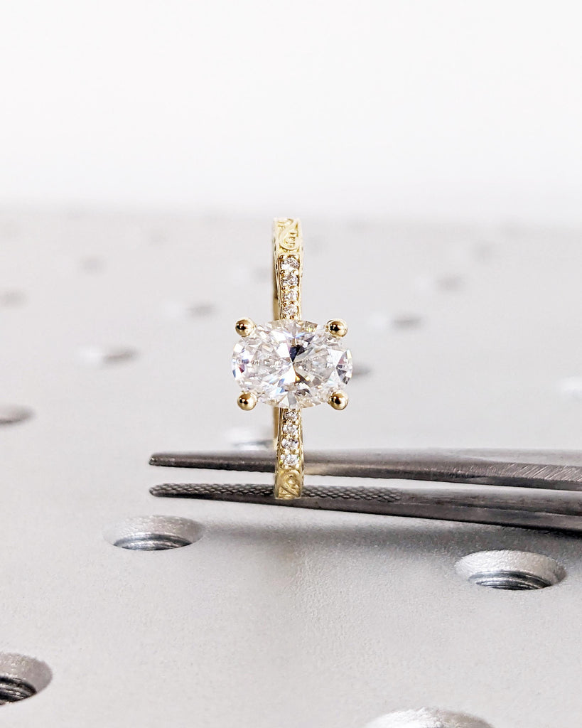 Vintage Oval Engagement Ring 14K Gold Solitaire Lab Grown Diamond Ring, Oval Lab Diamond Ring, Tapered Band Ring, Tapered Shank Wedding Ring