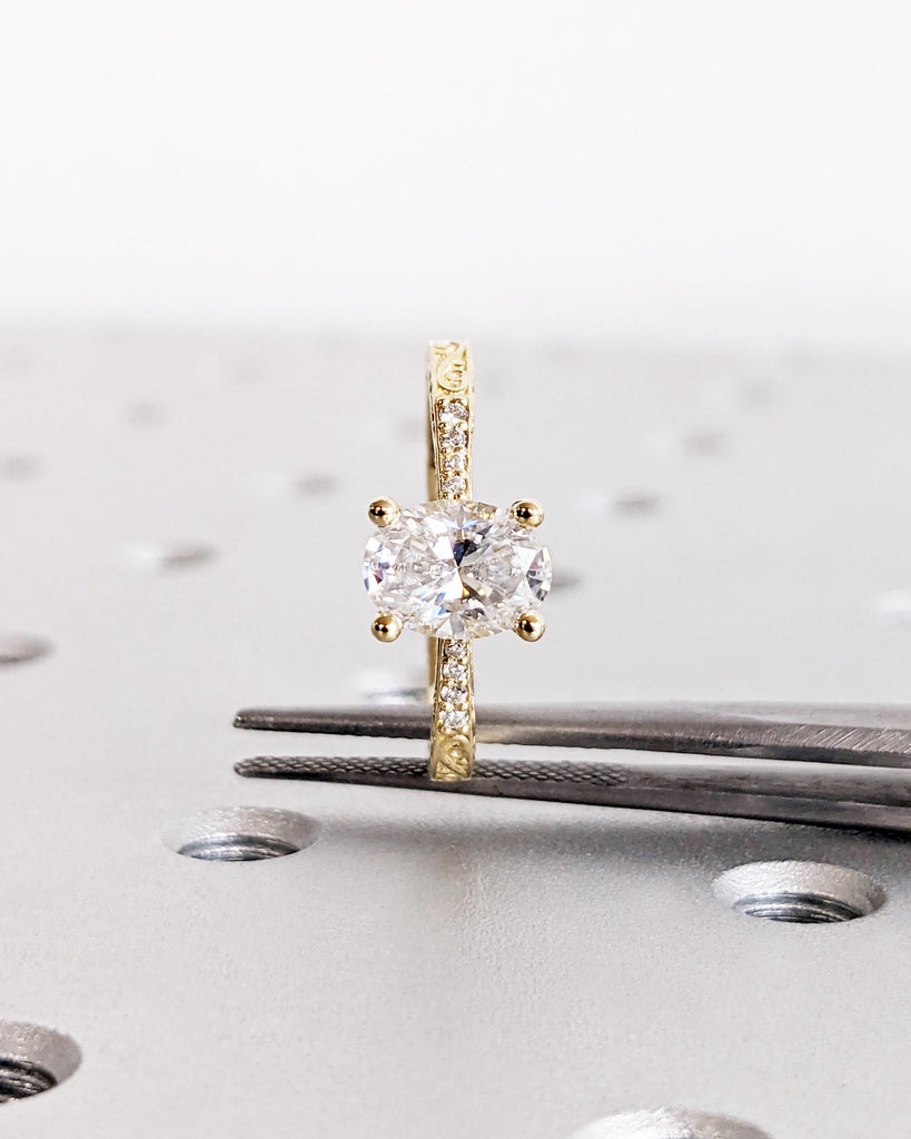 1ct Oval Lab Diamond Ring for Her, 14K Gold Solitaire Lab Grown Diamond Ring, Vintage Oval Engagement Ring, Tapered Band Ring, Tapered Shank