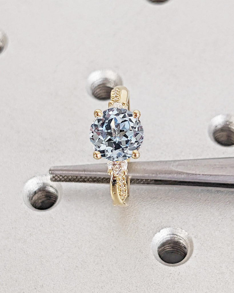 Diamond & Aquamarine Engagement Ring, 3 Stone Ring, Round Aquamarine Blue Gemstone Ring, Twisted Band Bridal Ring, 14K Gold March Birthstone