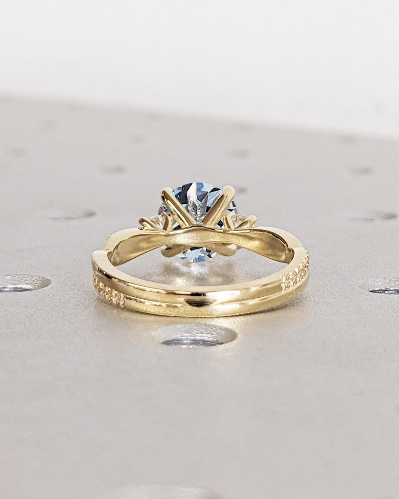 Diamond & Aquamarine Promise Ring: Round Lab Aquamarine Twist Band Ring, Three Stone Ring with Pave Diamond or Moissanite, 14K Yellow Gold
