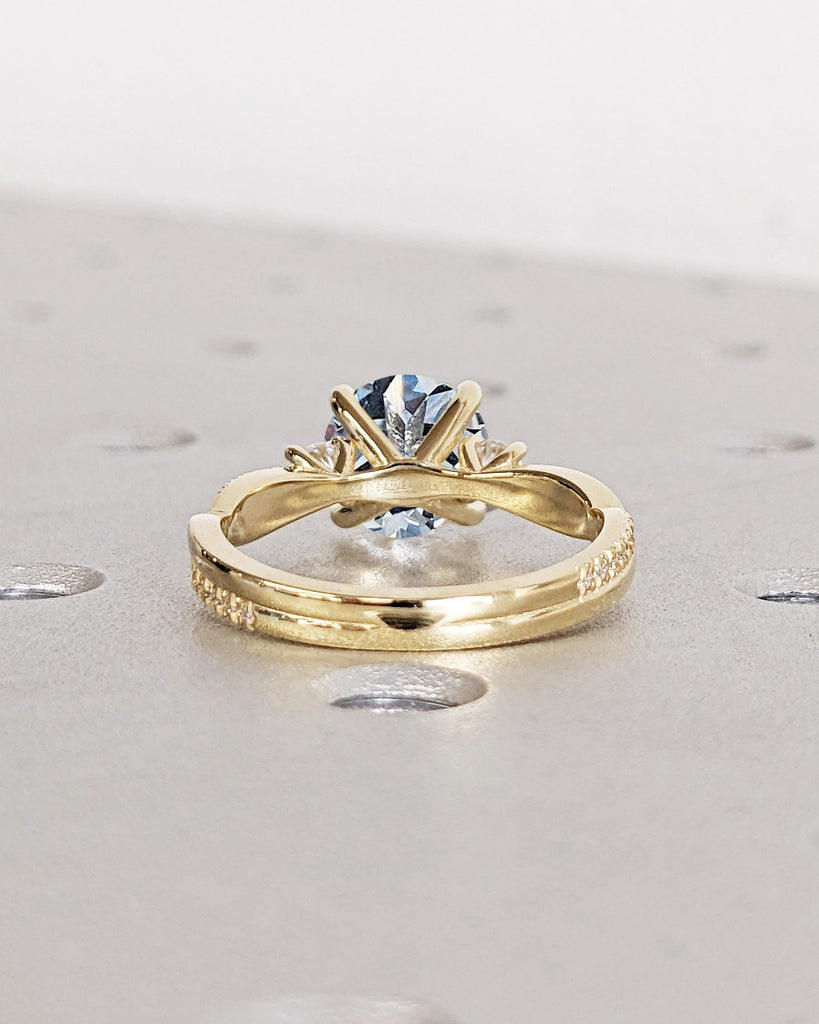 Diamond & Aquamarine Engagement Ring, 3 Stone Ring, Round Aquamarine Blue Gemstone Ring, Twisted Band Bridal Ring, 14K Gold March Birthstone