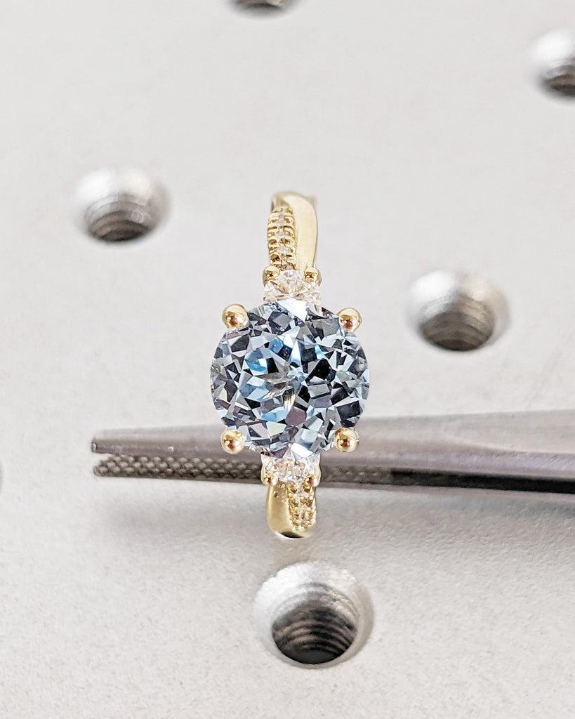 Diamond & Aquamarine Engagement Ring, 3 Stone Ring, Round Aquamarine Blue Gemstone Ring, Twisted Band Bridal Ring, 14K Gold March Birthstone