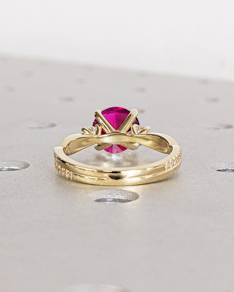 Round Three Stone Engagement Ring, Red Ruby & Diamond Ring, Lab Ruby Ring, Twisted Band Bridal Ring, 14K Gold July Birthstone Ring for Women