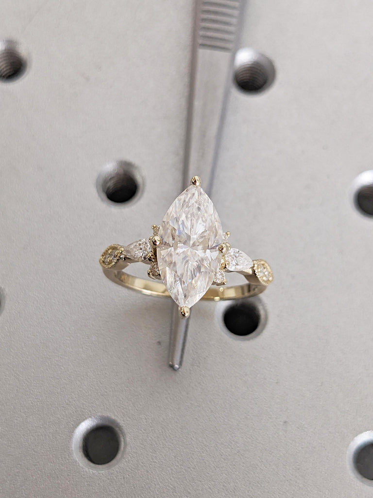 Moissanite Rings for Women, 14k Yellow Gold Engagement Ring, Marquise Ring, Vintage Style Ring, Gold Statement Ring, Engagement Gift for Her