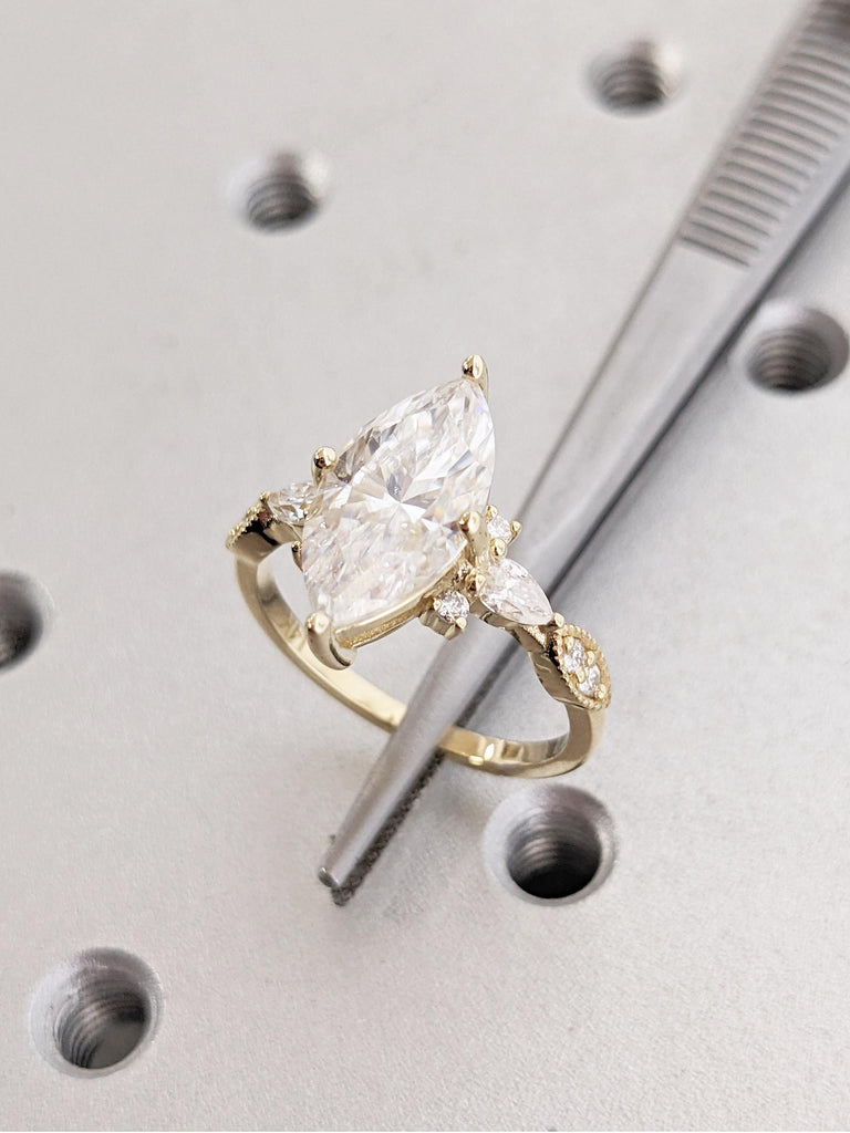 Lab Grown Diamond Engagement Ring, Art Deco 14k Gold Solid 2.5ct Marquise Ring, Unique Women Wedding Ring, Wedding Anniversary Gift for Wife