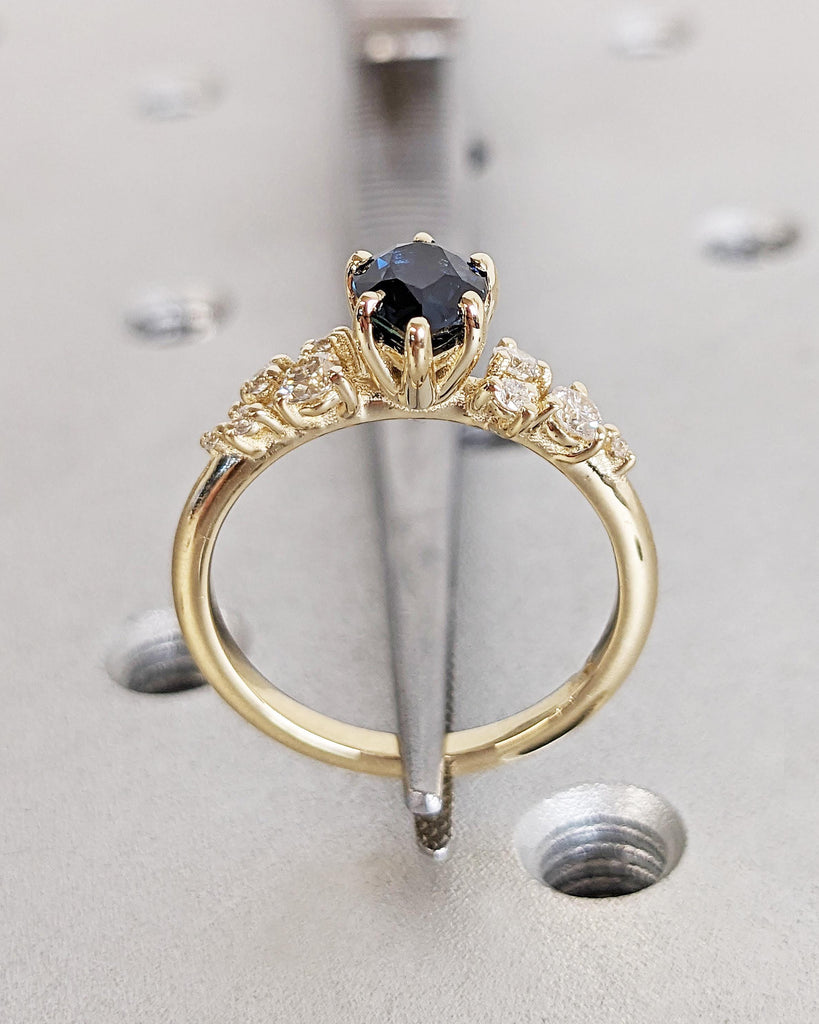 One of a Kind Montana Sapphire Ring, Pear Teal Sapphire, Snowdrift Cluster Ring Six-Prong, Vintage Inspired Peacock Sapphire Engagement Ring