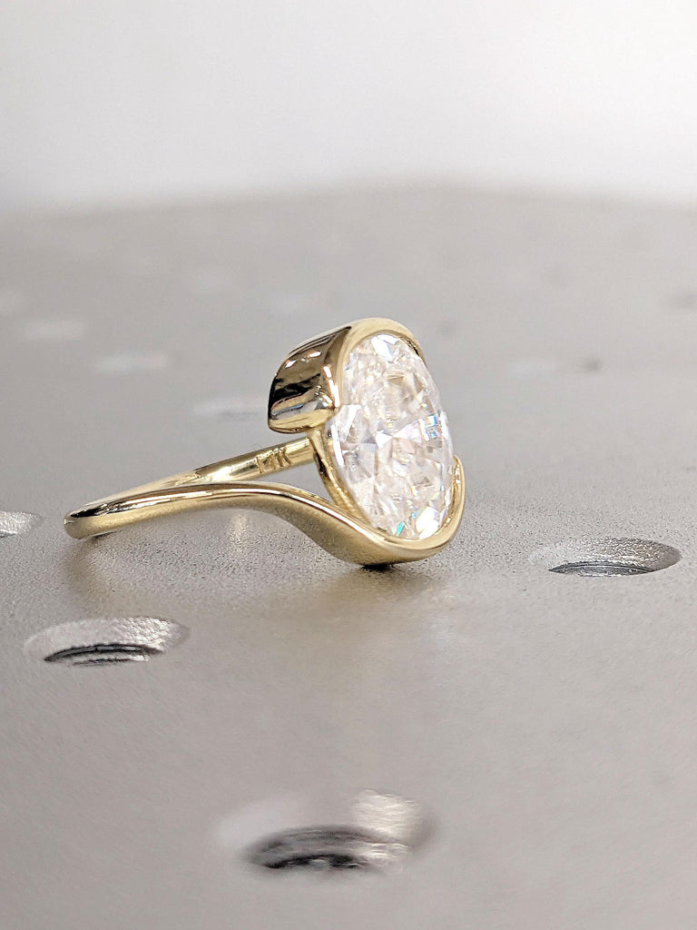 Unique Oval Lab Grown Diamond Engagement Ring | 14k 18k Yellow Gold Bypass Engagement Ring | Solitaire Diamond Ring for Women Bezel Set Ring