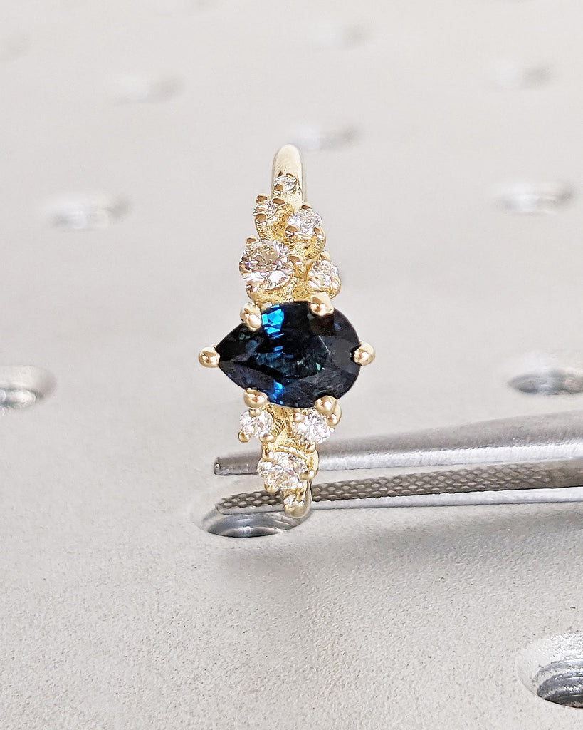 One of a Kind Montana Sapphire Ring, Pear Teal Sapphire, Snowdrift Cluster Ring Six-Prong, Vintage Inspired Peacock Sapphire Engagement Ring