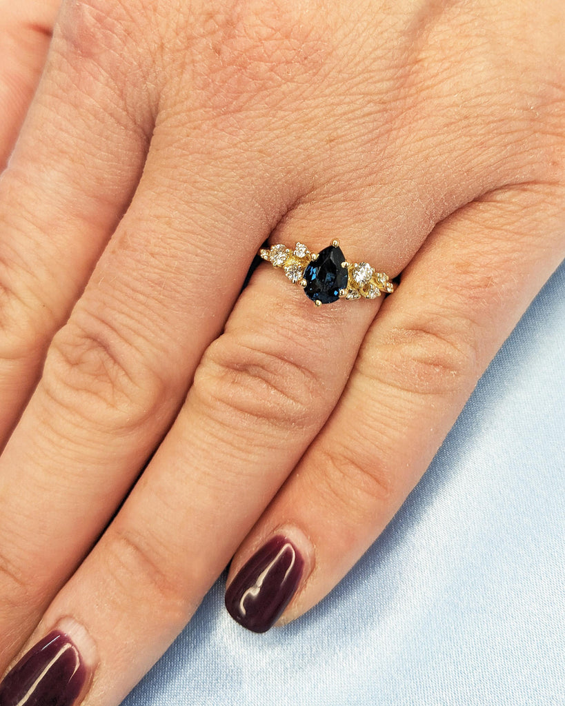 One of a Kind Montana Sapphire Ring, Pear Teal Sapphire, Snowdrift Cluster Ring Six-Prong, Vintage Inspired Peacock Sapphire Engagement Ring