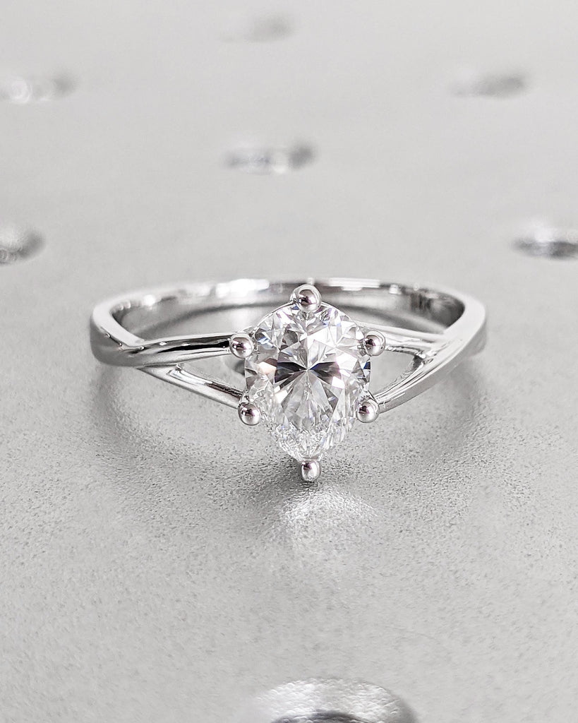 1CT Pear Lab Created Diamond Solitaire Engagement Ring, IGI Certified Pear Cut Diamond Wedding Ring, Split Shank Unique Twisted Band, Solid Gold Ring