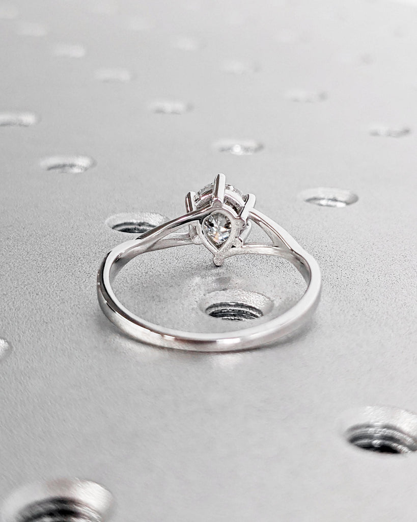 1ct Pear Cut Lab Grown Diamond Solitaire Engagement Ring, IGI Certified Pear Diamond Wedding Ring Split Shank Unique Twisted Band Solid Gold