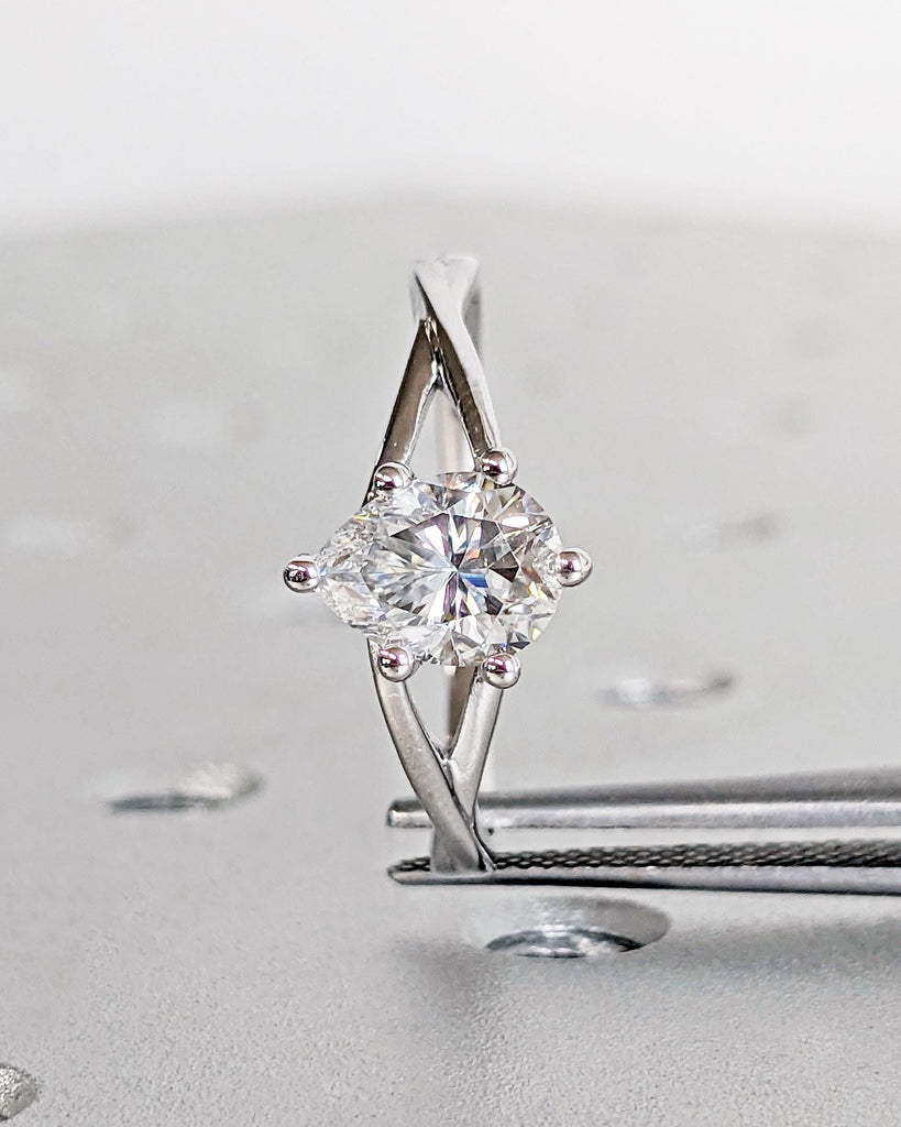 1CT Pear Lab Created Diamond Solitaire Engagement Ring, IGI Certified Pear Cut Diamond Wedding Ring Split Shank Unique Twisted Band 14K Gold