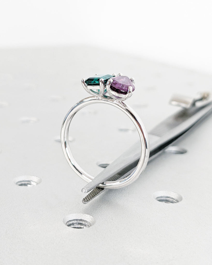 Emerald & Alexandrite Ring - Emerald Cut and Pear Engagement Ring - Toi et Moi Engagement Ring - 14K White Gold Ring - Green and Purple Ring