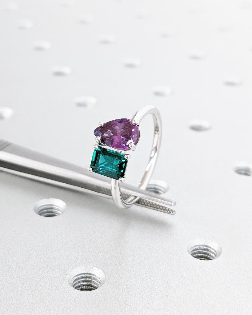Emerald & Alexandrite Ring - Emerald Cut and Pear Engagement Ring - Toi et Moi Engagement Ring - 14K White Gold Ring - Green and Purple Ring