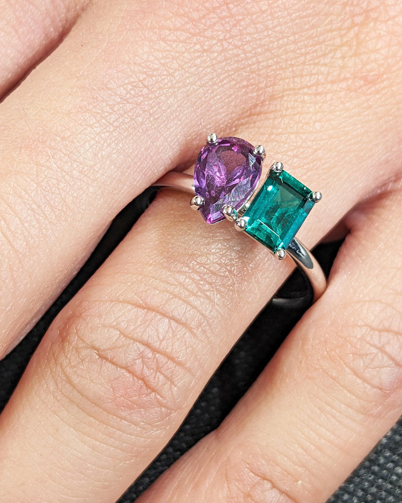 Toi et Moi Ring | Dual Birthstone Ring | Pear Emerald Toi et Moi Ring | Emerald & Alexandrite Wedding Ring | Solid Gold Ring | Gift For Her