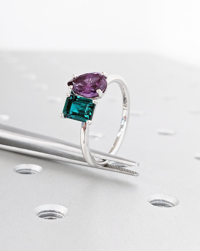 Emerald & Alexandrite Ring - Emerald Cut and Pear Engagement Ring - Toi et Moi Engagement Ring - 14K White Gold Ring - Green and Purple Ring