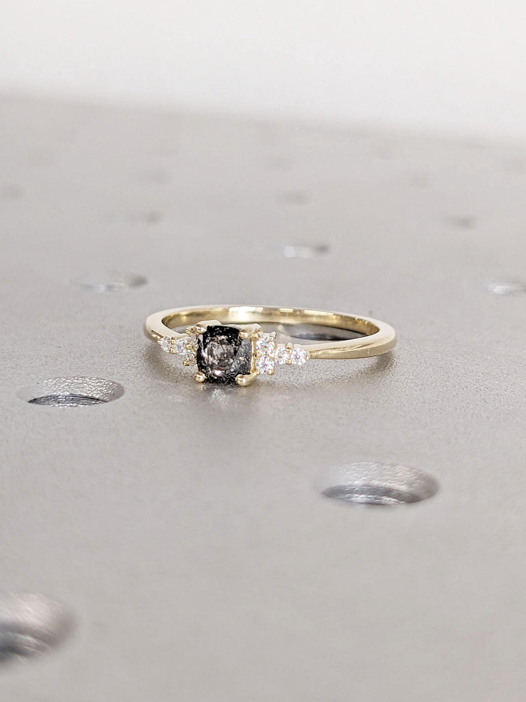 Minimalist Salt and Pepper Engagement Ring, Cushion Cut Galaxy Grey Salt and Pepper Diamond, 14K Yellow Gold Delicate Cluster Ring, Tiny Gold Ring