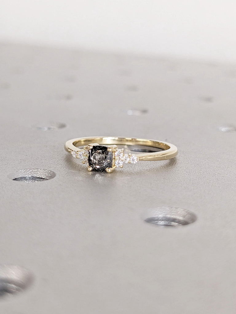 Minimalist Salt and Pepper Engagement Ring, Cushion Cut Galaxy Grey Salt and Pepper Diamond, 14K Yellow Gold Delicate Cluster Ring, Tiny Gold Ring