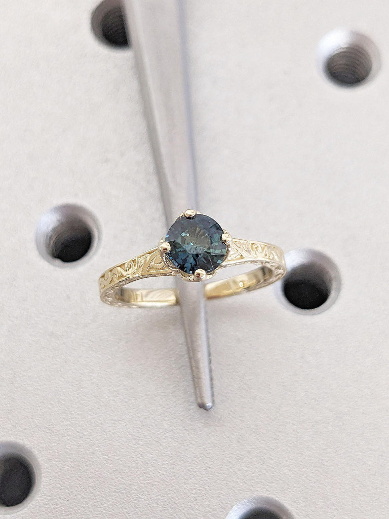 0.5ct Round cut Teal Sapphire Engagement Ring, Peacock Green Sapphire Solitaire Ring, Compass Setting Ring, Floral Tulip Gallery Flower Basket Setting Ring, 14K Yellow Gold Ring