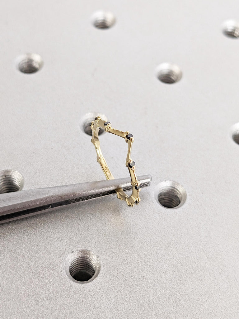 Diamond Wedding Band, 14k Solid Gold Ring, Unique Black Diamond Band, Chevron Wedding Band, Diamond Eternity Ring, Stackable Rings for Women