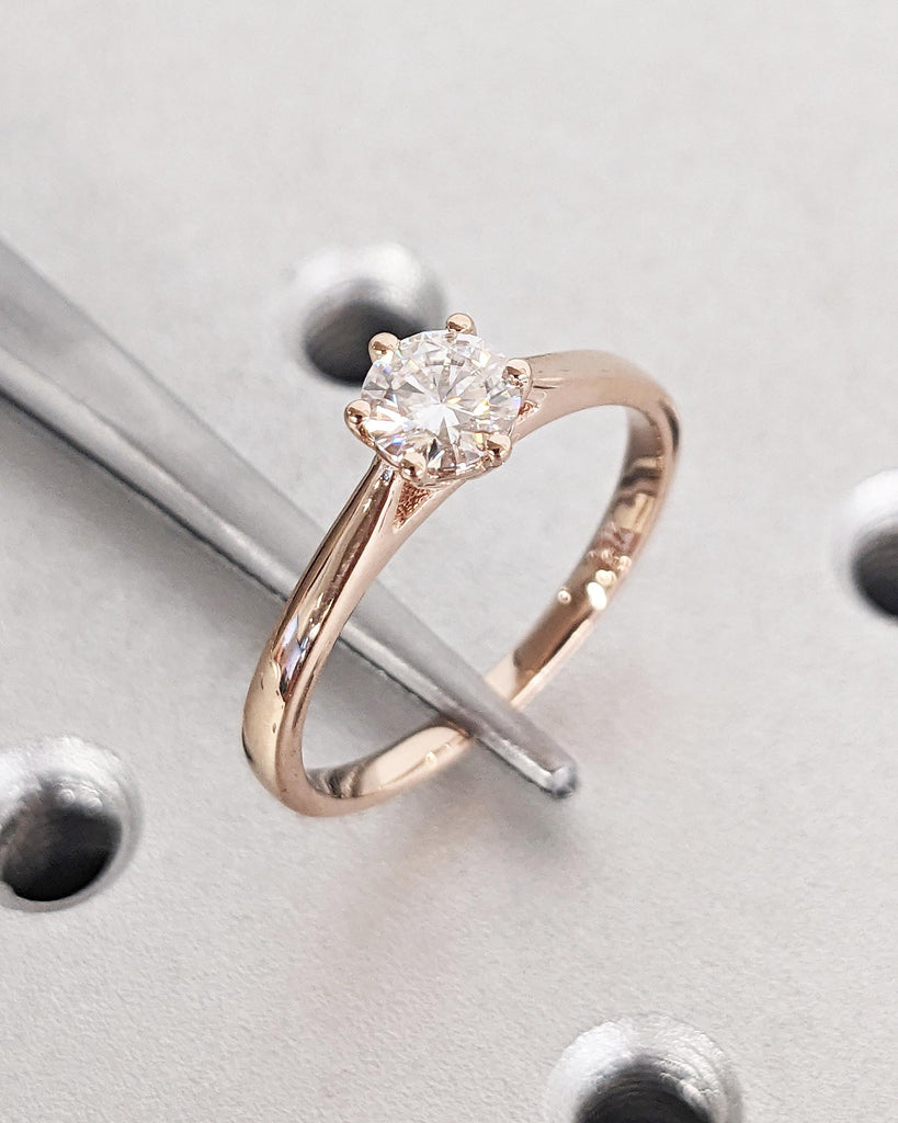 Lab Diamond Solitaire Cathedral Ring, Round Cut Lab Diamond Ring, Dainty 14k Rose Gold Promise Ring, Statement Ring, Bridal Gift for Wife