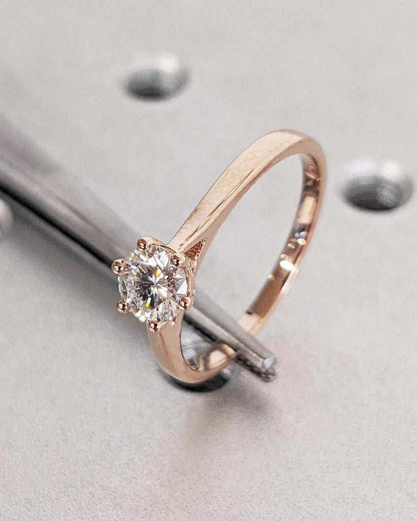 Lab Diamond Solitaire Cathedral Ring, Round Cut Lab Diamond Ring, Dainty 14k Rose Gold Promise Ring, Statement Ring, Bridal Gift for Wife
