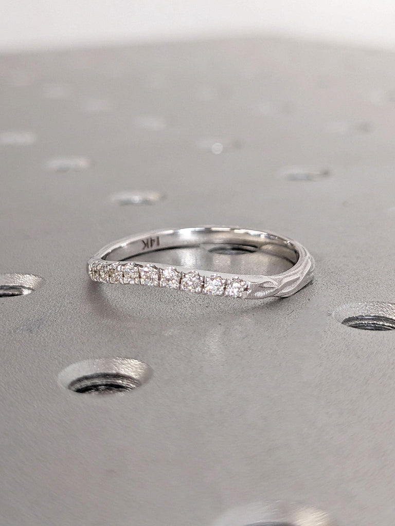 Vintage Wedding Band | Half Eternity Pave Moissanite Diamond Band | Natural Inspired Vine Engraved 14k Thin Gold Band | Curve Wedding Ring