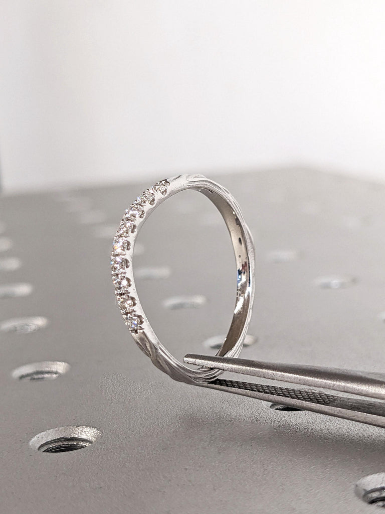 Vintage Wedding Band | Half Eternity Pave Moissanite Diamond Band | Natural Inspired Vine Engraved 14k Thin Gold Band | Curve Wedding Ring