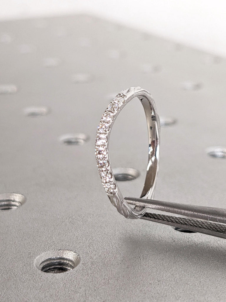 Vintage Nature Inspired Tree Branch Band, Unique Lab Diamond Half Eternity Wedding Band, Hand Engraved Wedding Anniversary Band-Promise Ring