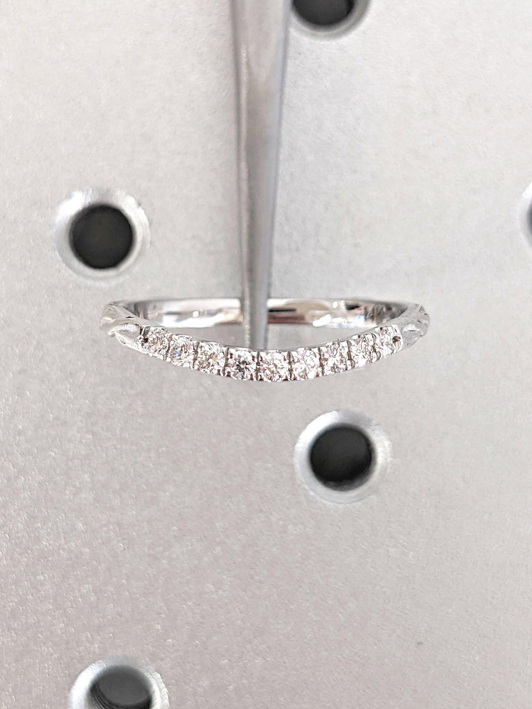 Vintage Wedding Band | Half Eternity Pave Moissanite Diamond Band | Natural Inspired Vine Engraved 14k Thin Gold Band | Curve Wedding Ring