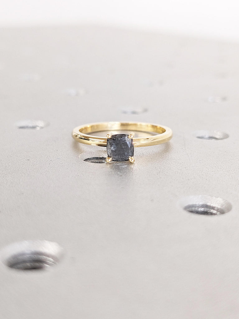 Salt and Pepper Diamond Ring, Cushion Cut Engagement Ring, Dainty 18k Solid Gold Ring, Solitaire Rings for Women, Gold Promise Ring for Her