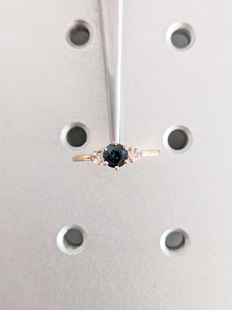Round Montana Sapphire and Moonstone Engagement Ring, Rose Gold Ring, Three Stone Ring, Vintage Peacock Sapphire Ring, Gold Moonstone Ring
