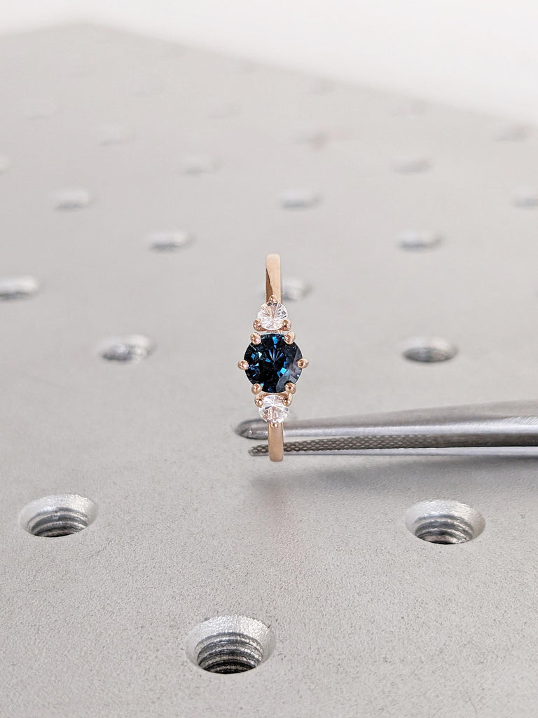 Round Montana Sapphire and Moonstone Engagement Ring, Rose Gold Ring, Three Stone Ring, Vintage Peacock Sapphire Ring, Gold Moonstone Ring