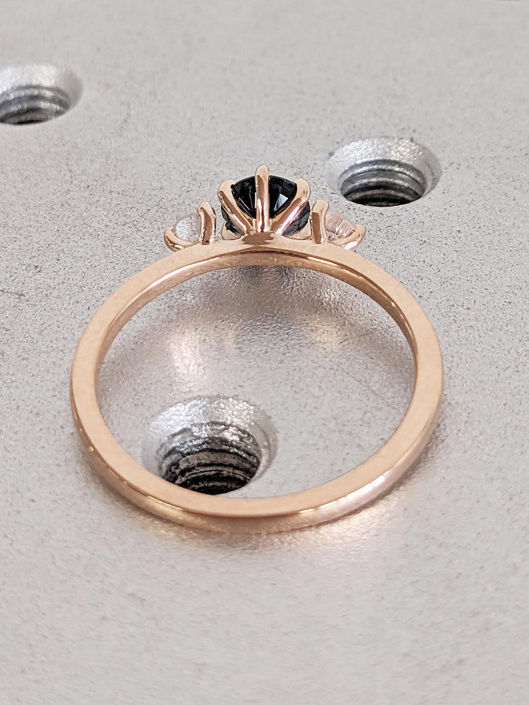 Round Montana Sapphire and Moonstone Engagement Ring, Rose Gold Ring, Three Stone Ring, Vintage Peacock Sapphire Ring, Gold Moonstone Ring
