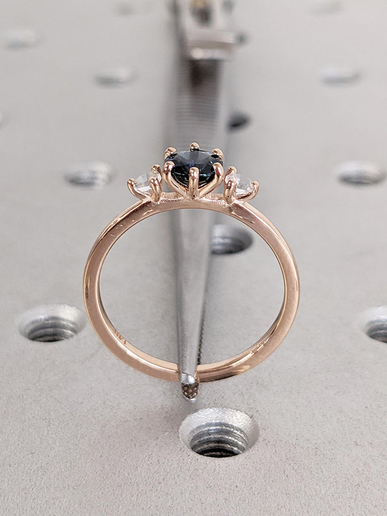 Green Blue Sapphire Ring, Dainty Rose Gold Engagement Ring, Art Deco Teal Sapphire and Moonstone Ring, Birthday Gift for Her, Gemstone Ring