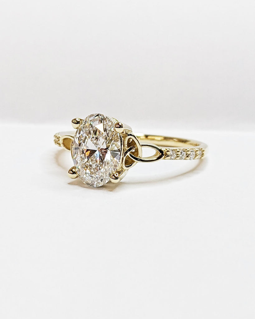 Oval cut Lab Created Diamond Celtic Engagement Ring for Women, 14k Solid Yellow Gold Irish Knot Promise Ring, Diamond Cluster Eternity Band