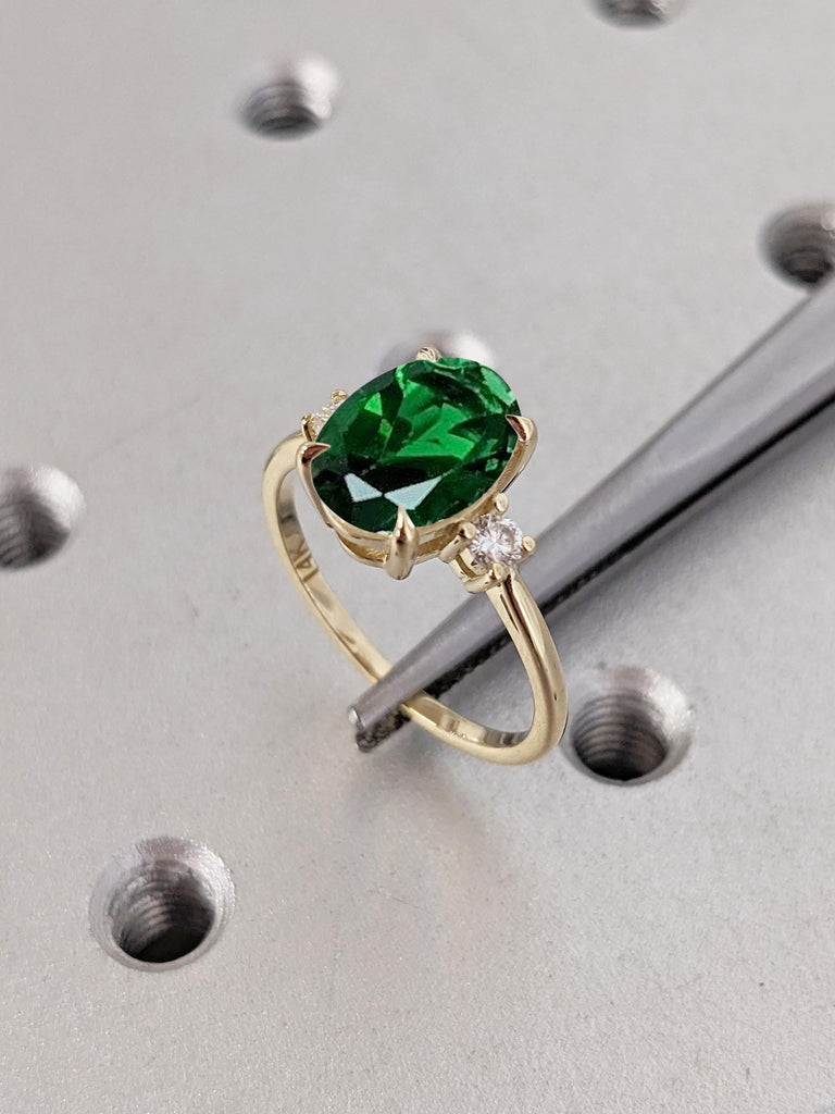 Oval Lab Grown Emerald Engagement Ring, Art Deco Solid Gold Ring, Lab Emerald and Diamond Cocktail Ring, Gold Statement Ring, Gift for Her image #1