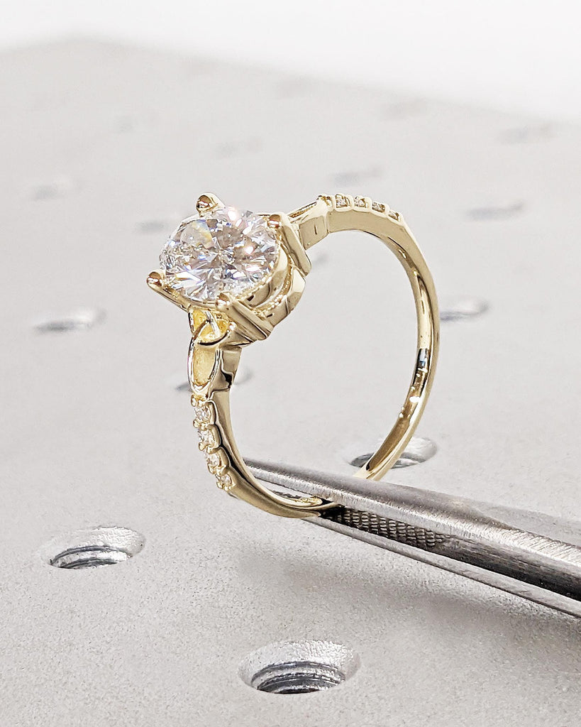 Oval cut Moissanite Celtic Engagement Ring for Women, 14k Solid Yellow Gold Irish Knot Promise Ring, Diamond Cluster Eternity Band for Her