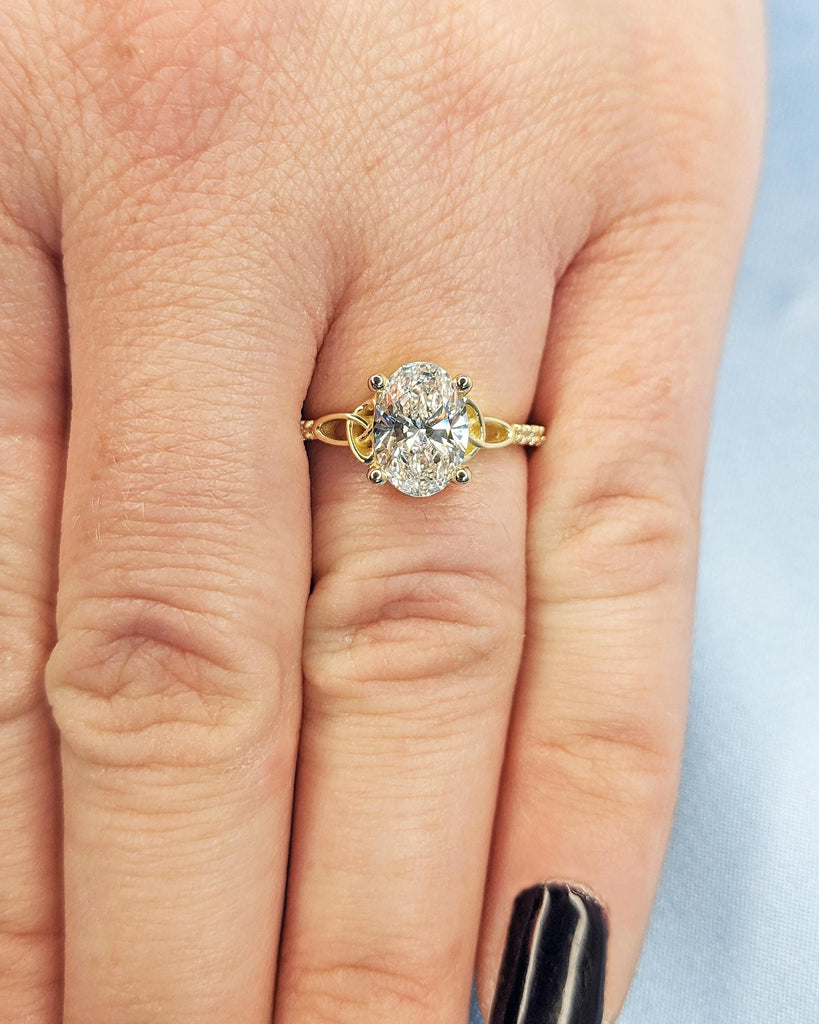 Oval cut Moissanite Celtic Engagement Ring for Women, 14k Solid Yellow Gold Irish Knot Promise Ring, Diamond Cluster Eternity Band for Her