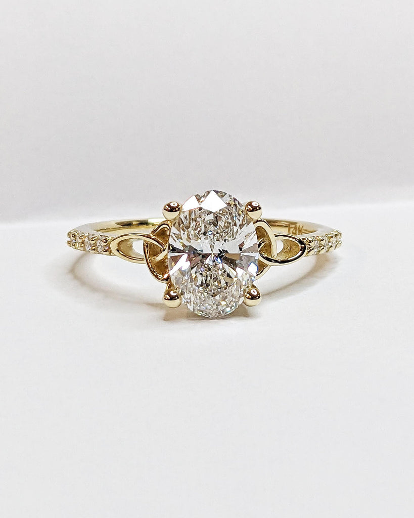 Oval cut Moissanite Celtic Engagement Ring for Women, 14k Solid Yellow Gold Irish Knot Promise Ring, Diamond Cluster Eternity Band for Her