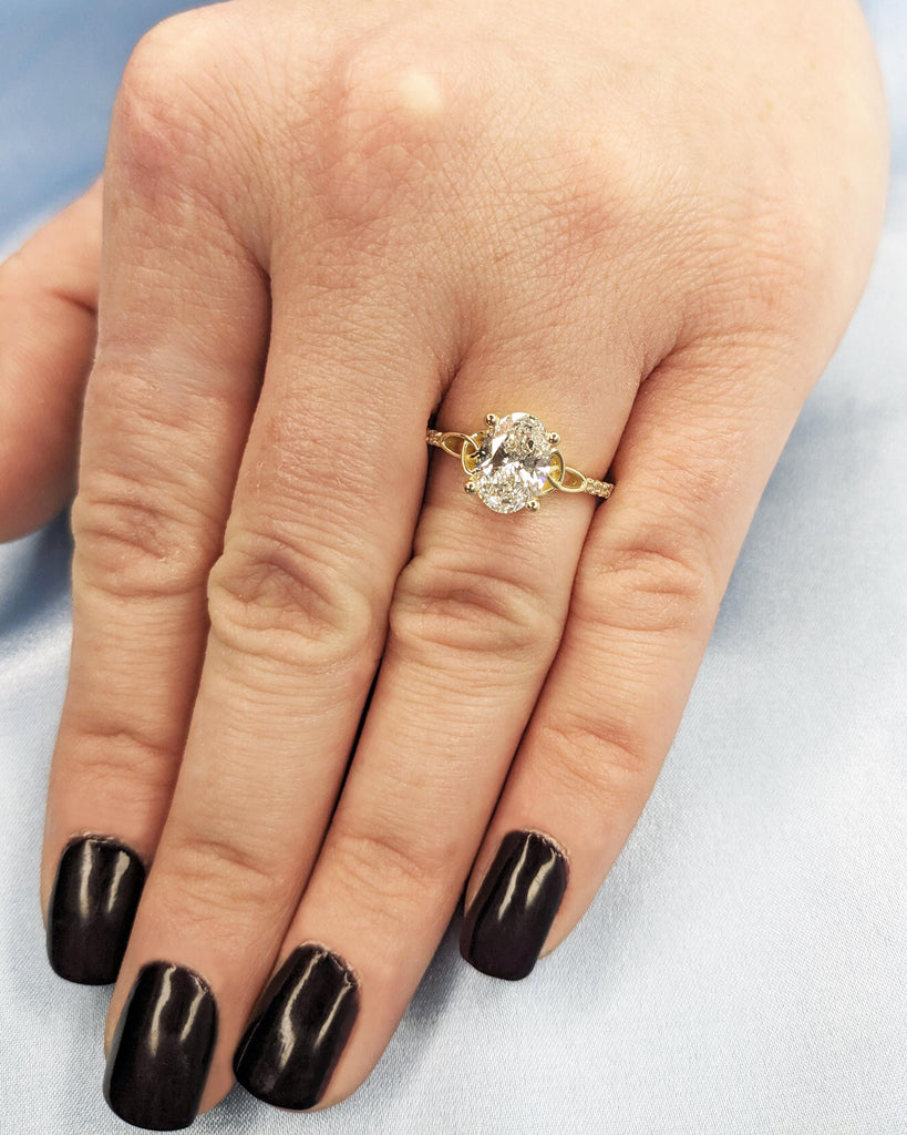 Oval cut Moissanite Celtic Engagement Ring for Women, 14k Solid Yellow Gold Irish Knot Promise Ring, Diamond Cluster Eternity Band for Her