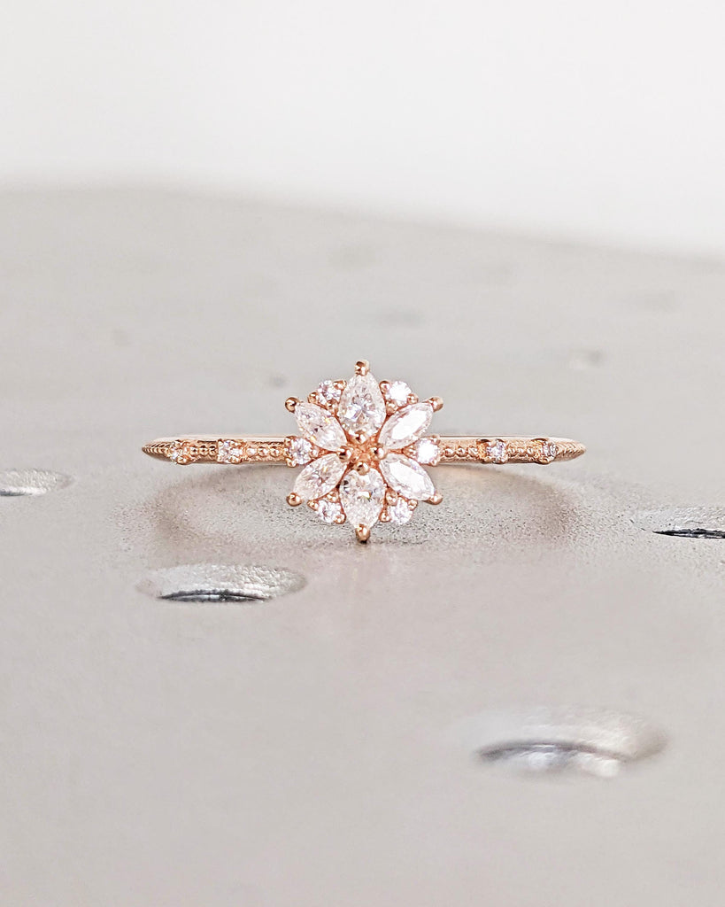 14K Rose Gold Flower Diamond Engagement Ring • Natural Diamond Petals Flower Cluster Ring • Daisy Flower Ring • Dainty Floral Promise Ring