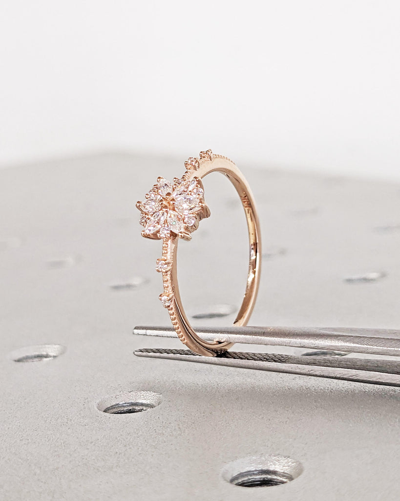 Solid Gold Flower Engagement Ring • Diamond Marquise Floral Petals Engagement Ring • Floral Anniversary Ring • Vintage Wedding Ring for Her