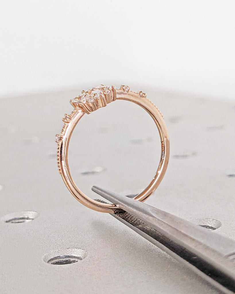 Solid Gold Flower Engagement Ring • Diamond Marquise Floral Petals Engagement Ring • Floral Anniversary Ring • Vintage Wedding Ring for Her