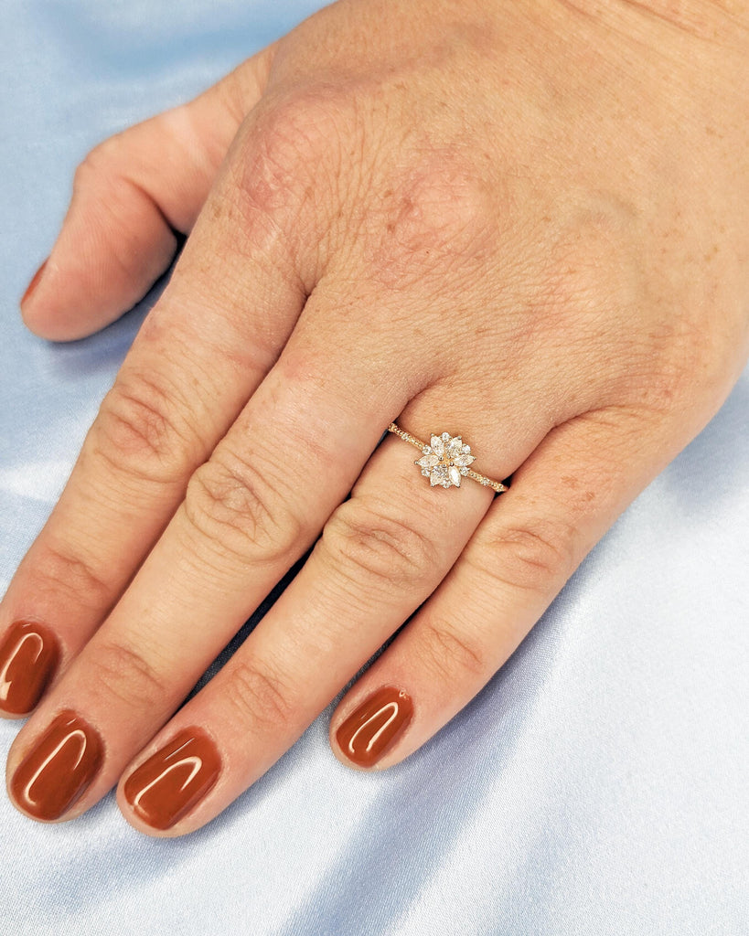 Solid Gold Flower Engagement Ring • Diamond Marquise Floral Petals Engagement Ring • Floral Anniversary Ring • Vintage Wedding Ring for Her