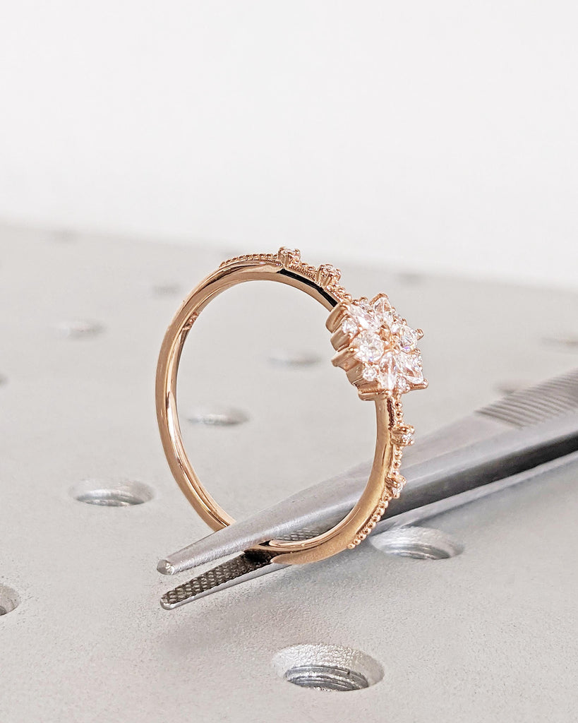 Solid Gold Flower Engagement Ring • Diamond Marquise Floral Petals Engagement Ring • Floral Anniversary Ring • Vintage Wedding Ring for Her