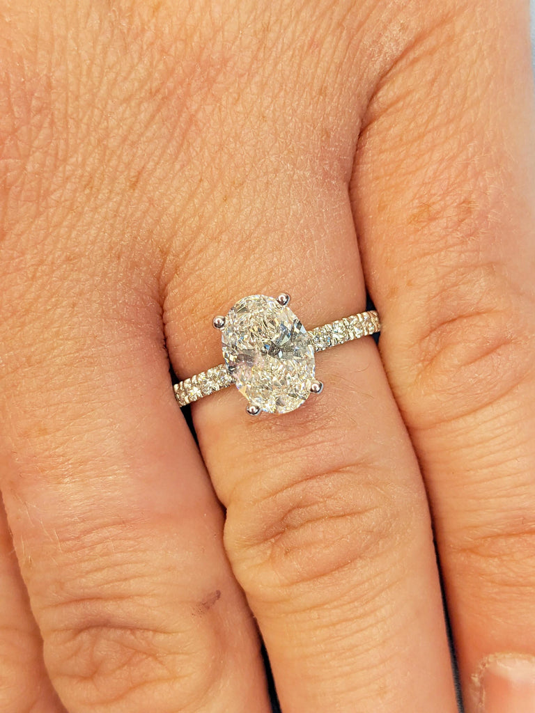 Oval Moissanite Engagement Ring, 14k White Gold Ring, Half Eternity Moissanite Ring, Art Deco Gold Promise Ring for Her, Women Wedding Ring