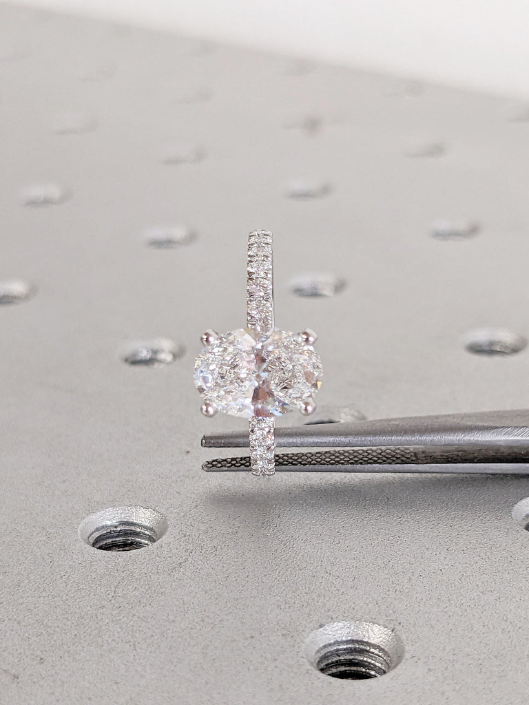 1.5ct Oval Lab Grown Diamond Ring, 14k Gold Engagement Ring, Vintage Lab Created Diamond Ring, Half Eternity Band, Birthday Gifts for Her